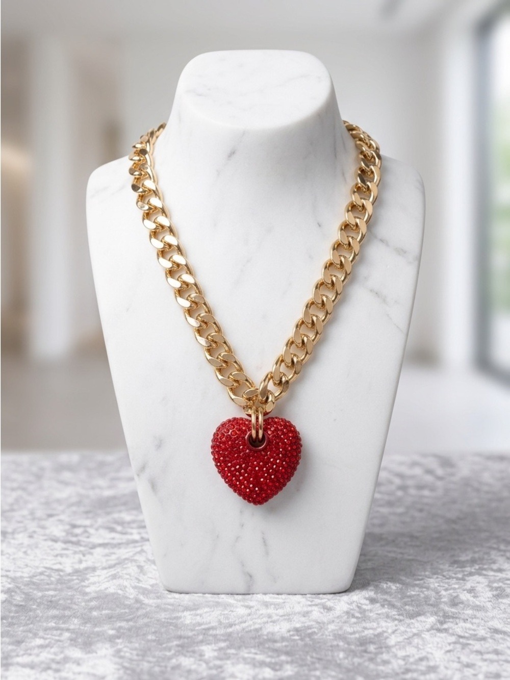 New York & Company Gold-Tone Cuban Chain Necklace with Red Beaded Heart 2545